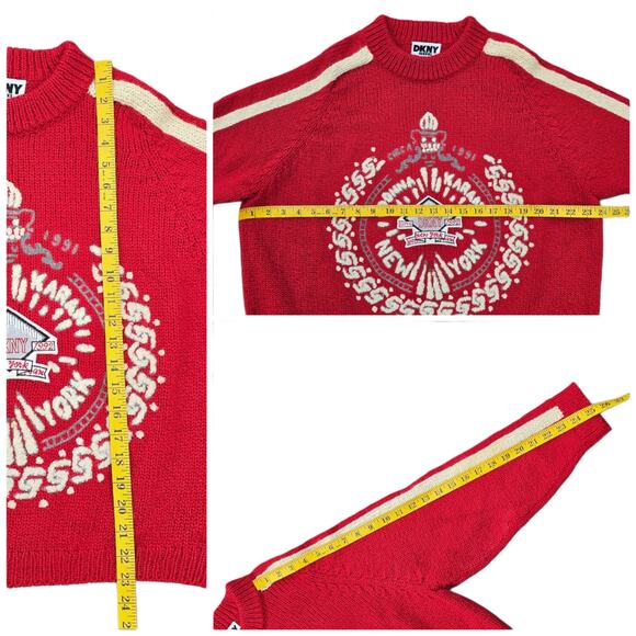 DKNY Jeans Sweater Red Handknit Wool Vintage 90s Donna Karan New York Size M/L - Picture 8 of 10